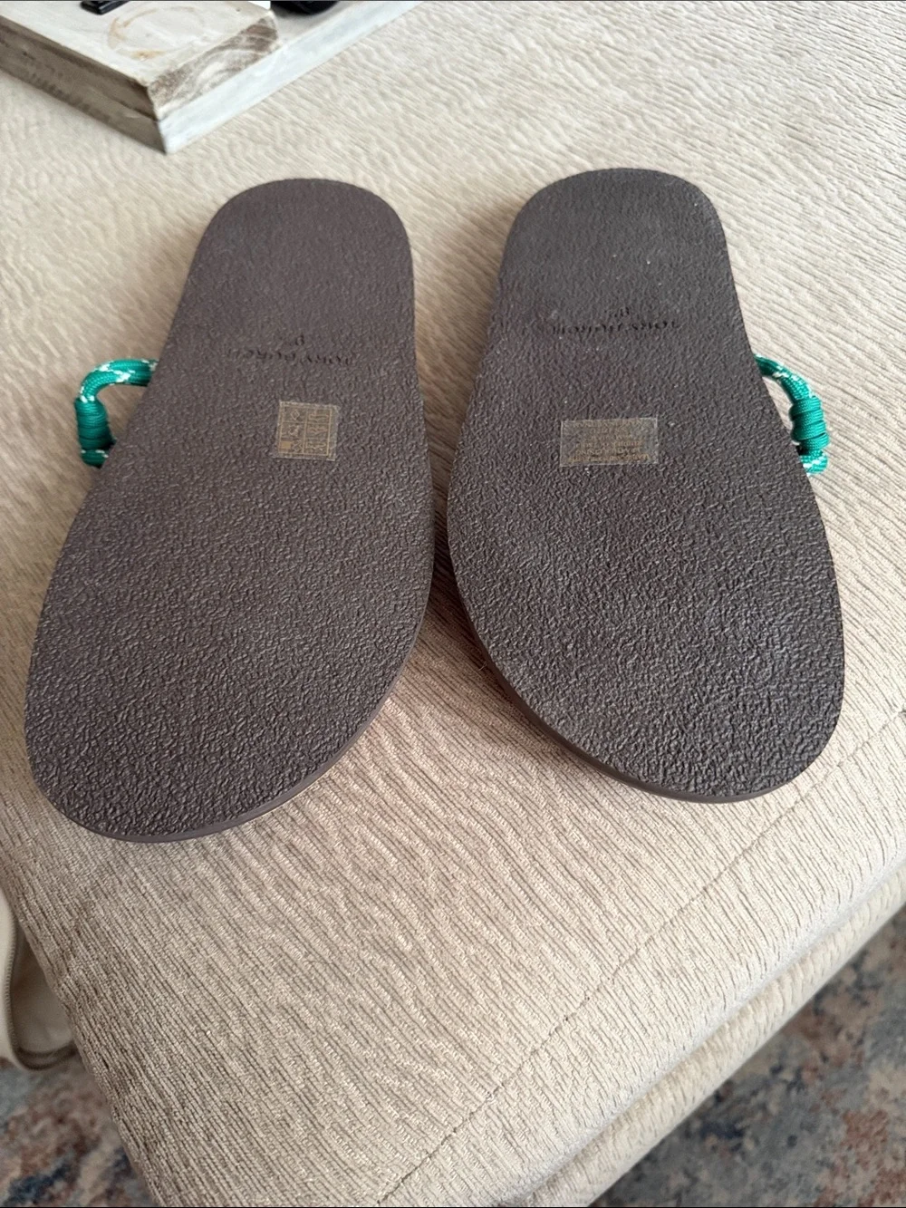 Tory Burch Tan Suede Sandals with Teal Rope Detail
